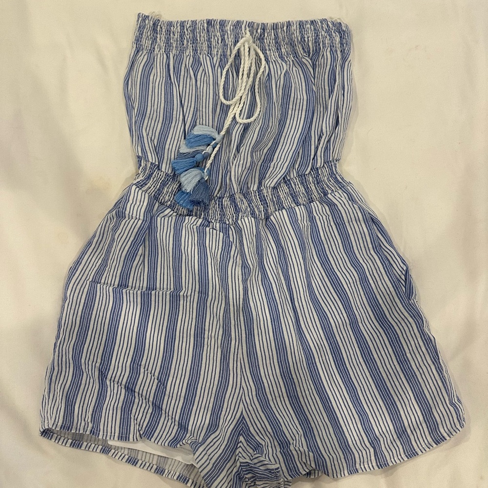 One the Land Blue and White Striped Romper